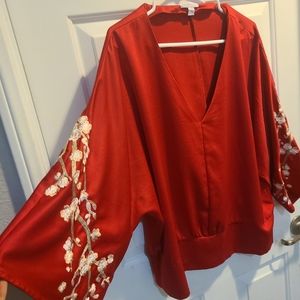Red silk kimono sleeve blouse w/ cherry blossoms